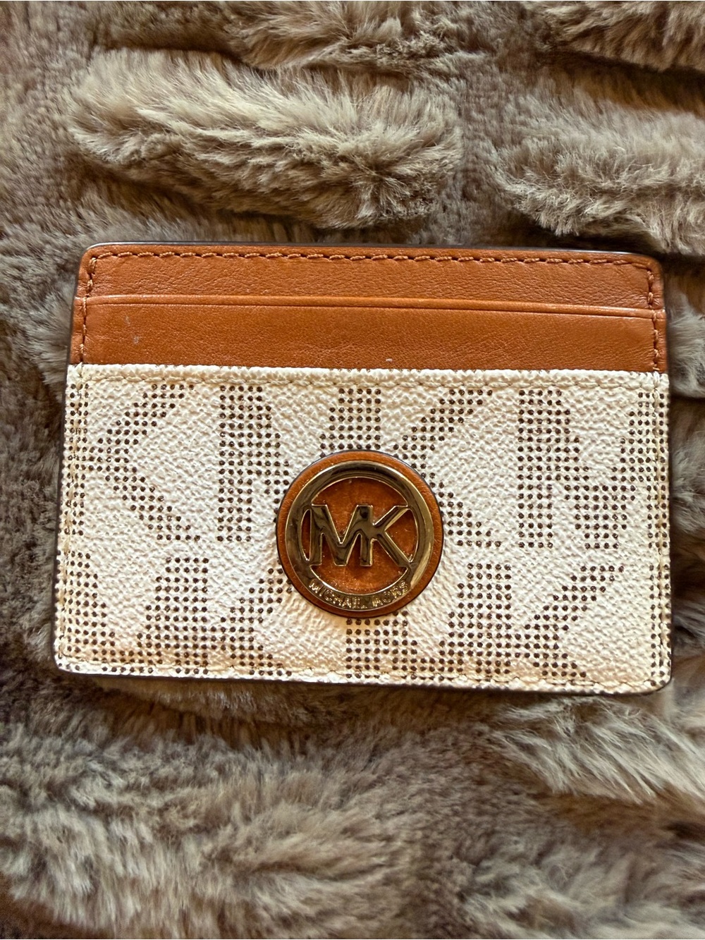Michael Kors Cream & Tan MK Logo Card Holder with Gold Emblem